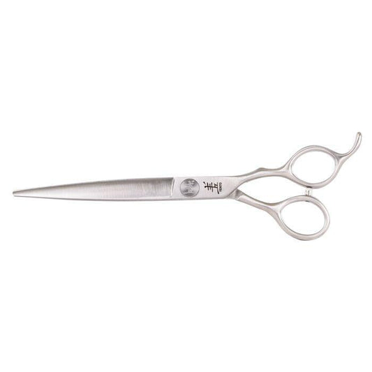 Straight hair cutting scissors with silver metal blades and two finger loops