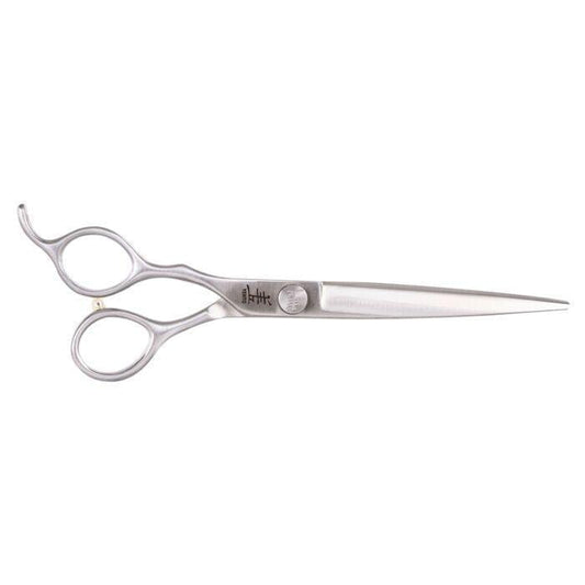 Left-handed straight scissors, silver metal blades and finger rings