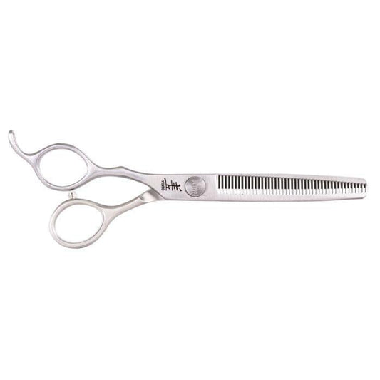 Left-handed hair cutting scissors, silver-tone, finger rings and comb-teeth blade