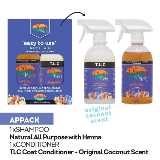 Dog shampoo and conditioner spray pack with Original Coconut Scent bottles