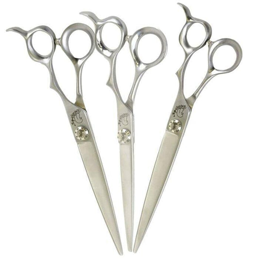 Set of four straight hair cutting scissors, silver tone with circular finger holes