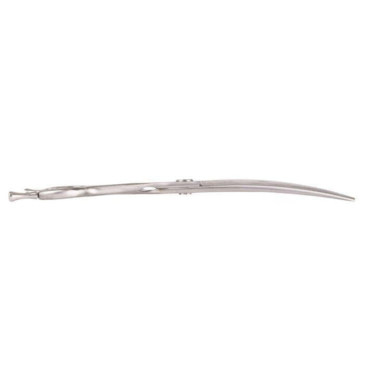 Silver side view curved-blade haircutting scissors with two finger loops.