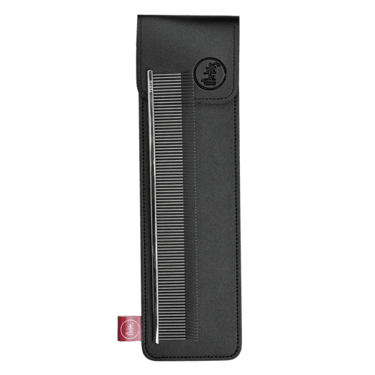 22 cm hair lift comb in black case with snap tab and logo patch