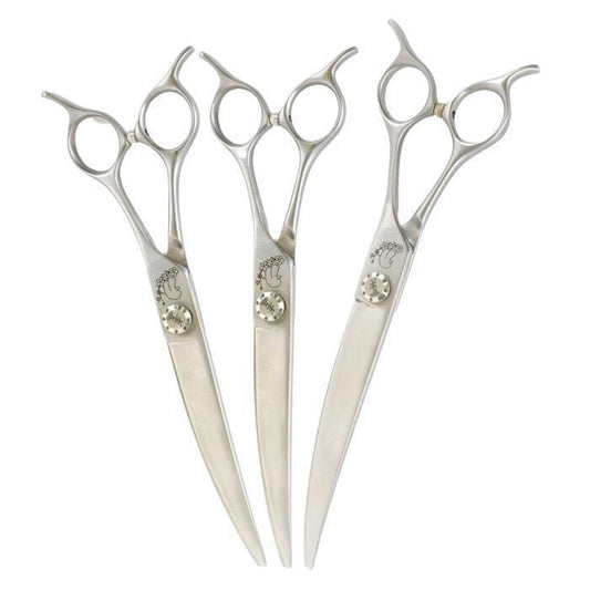 Curved hair cutting scissors set, silver tone with engraved finger rings