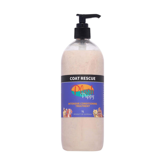 Coat rescue conditioning treatment in clear pump bottle, light beige liquid