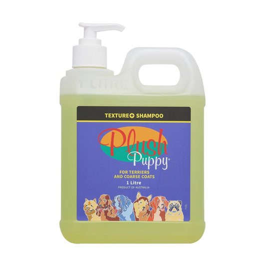 Texture shampoo bottle with white pump, green plastic jug, Plush Puppy front label