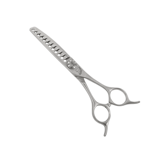 Silver curved chunking shear with perforated blade and two thumb rings
