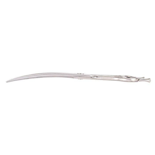 Curved hair cutting scissors side view with long slender blade and finger ring