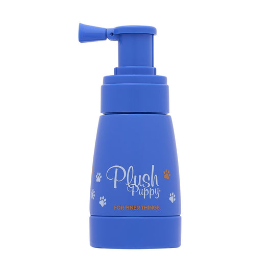 Blue Plush Puppy powder spray bottle with flip-top pump and paw print label