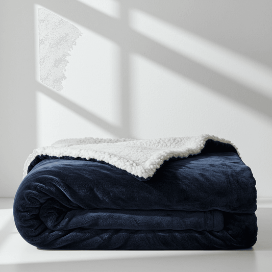 Navy plush sherpa throw blanket with white fuzzy trim, neatly rolled