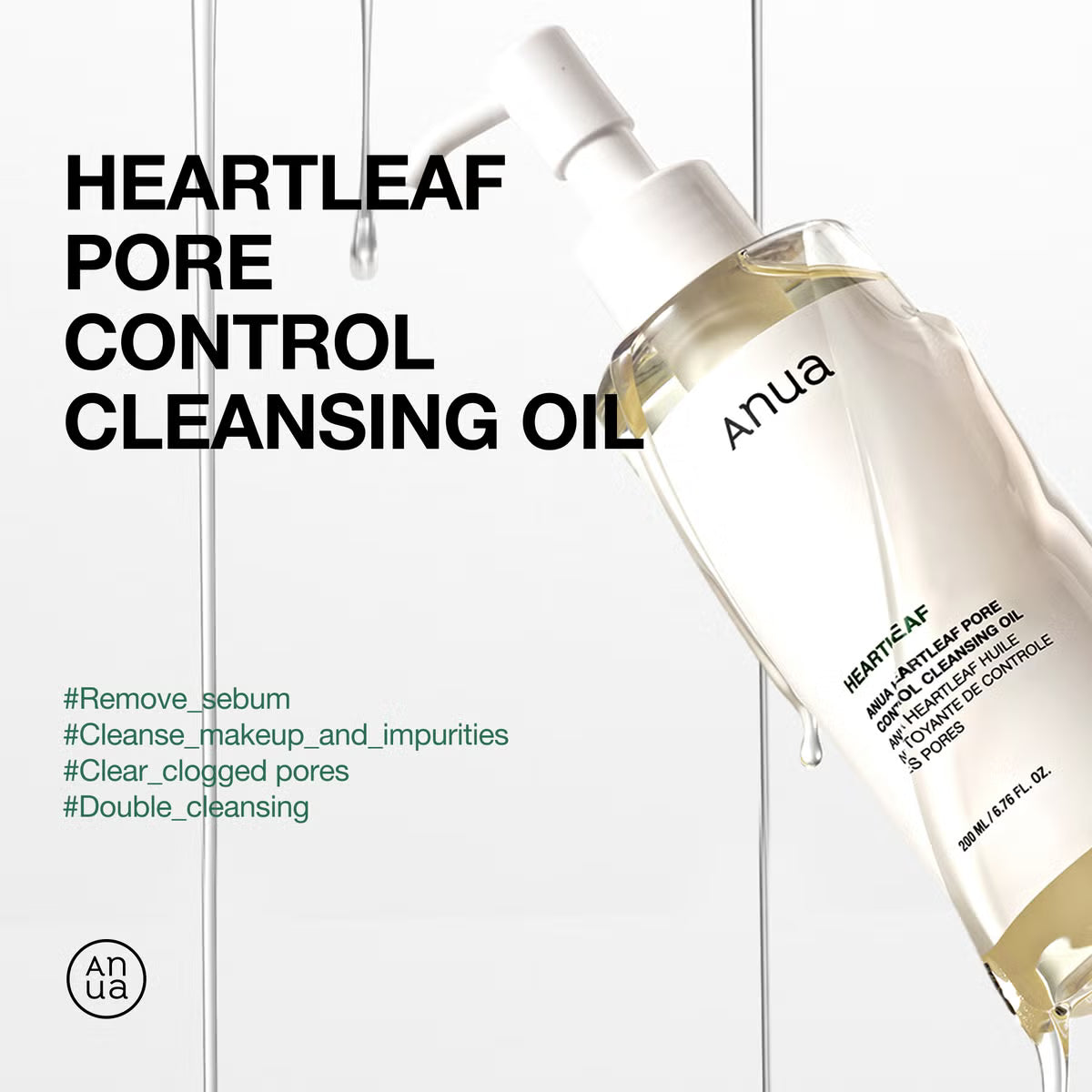 Anua pore control cleansing oil bottle with pump, tilted on a white background