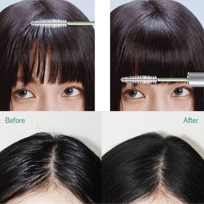 Close-up of mint brush applicator grooming black hair near the scalp