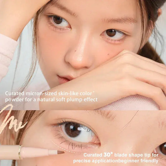Under-eye eyeliner application on model using a beige double-ended pen