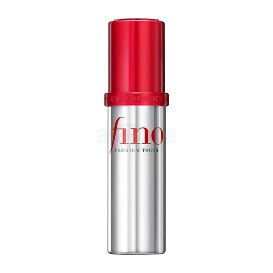Shiseido Fino hair oil bottle with red cap and silver body, 70 ml