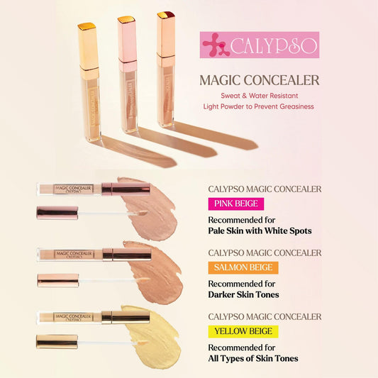 CALYPSO Magic Concealer color set with Pink Beige, Salmon Beige, Yellow Beige tubes and swatches