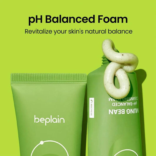 Green beplain cleansing foam tube set with close-up view of the tube openings