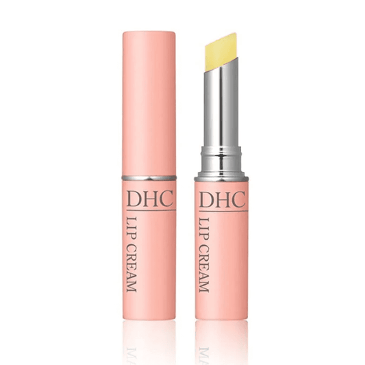 DHC lip cream balm tube in peach pink with yellow cap