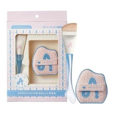 Makeup base brush and sponge set, blue-and-beige tools in a boxed kit