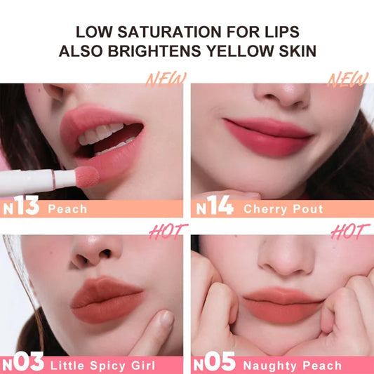 Matte stay lip cream swatches on lips with multiple nude and peach shades