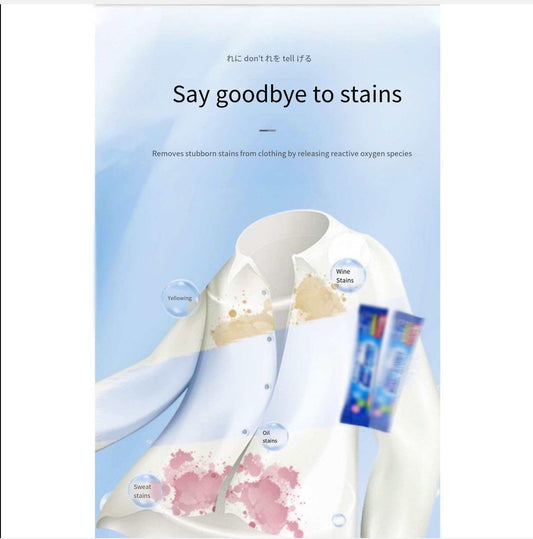 Laundry stain-removing oxygen bleach powder, shown on stained white clothing
