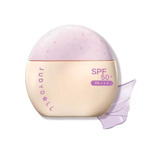 JUDYDOLL purple sunscreen primer SPF50+ compact with flip-top cap and label