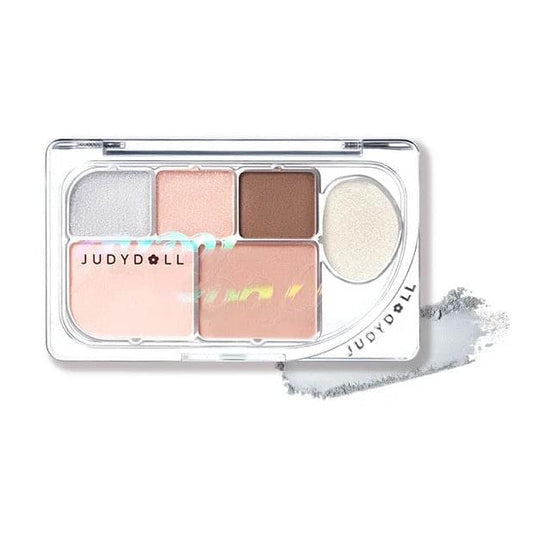 Eye shadow palette compact with six shades in pink, brown, and pearl tones