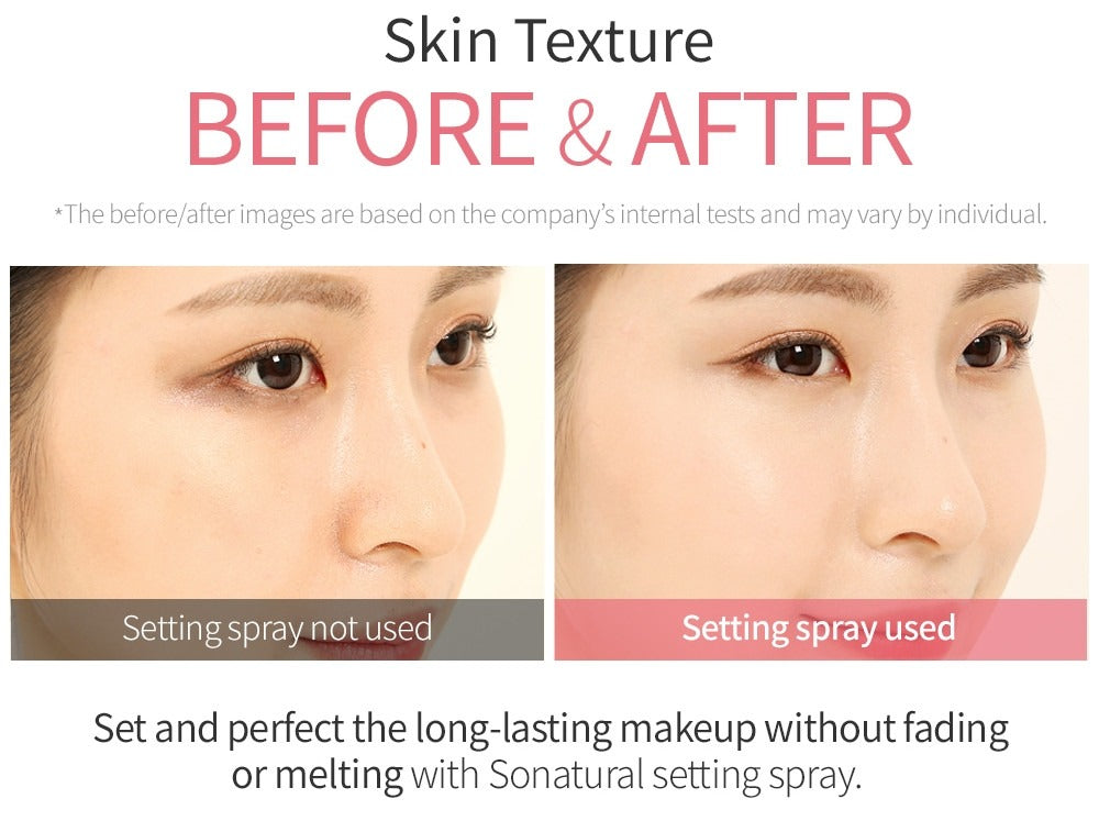 Before-and-after skin texture promo graphic showing setting spray use