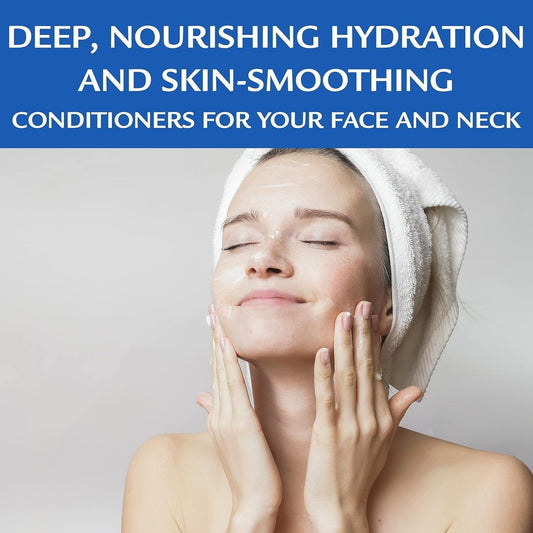 Hyaluronic milky lotion being applied to face and neck on a model