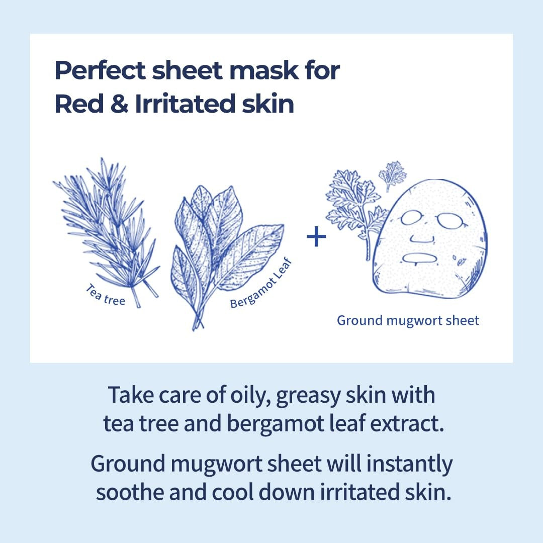 Sheet mask care info card for red, irritated skin with tea tree and leaf icons