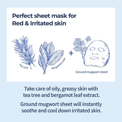 Sheet mask care info card for red, irritated skin with tea tree and leaf icons