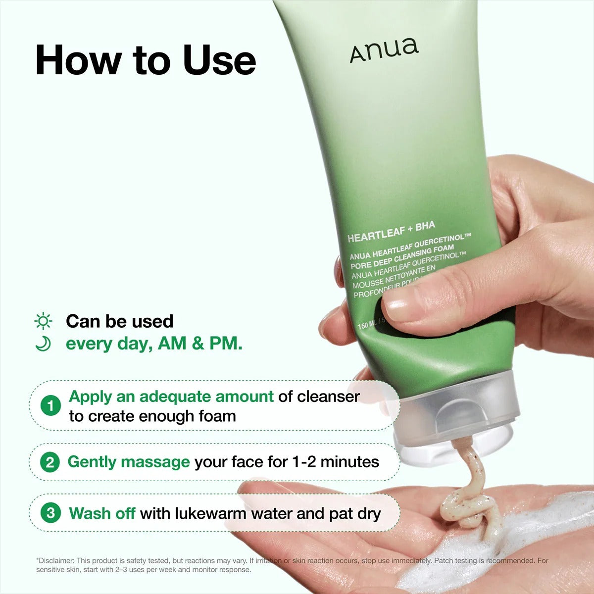 How to use diagram showing cleanser squeeze onto skin from green tube