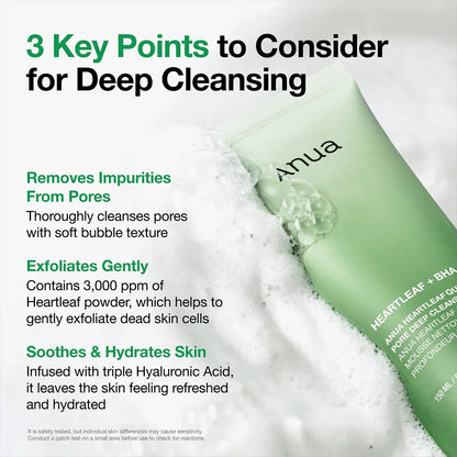 Deep cleansing infographic with green foam texture and cleanser tube