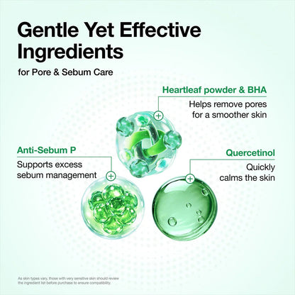 Gentle ingredients graphic with green droplet icons for pore and sebum care