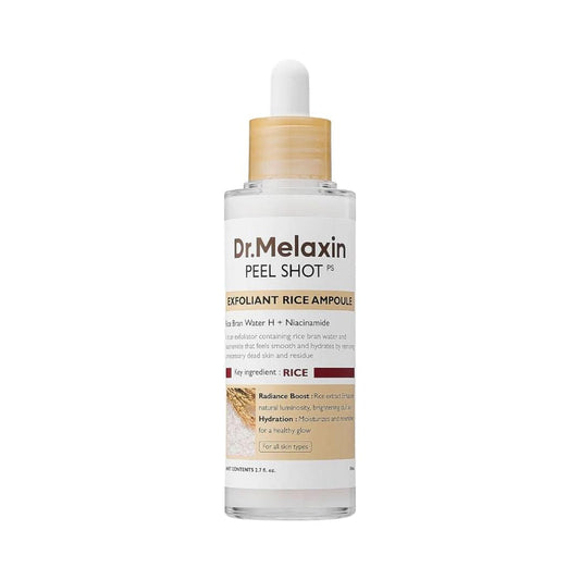 Dr.Melaxin Peel Shot exfoliant rice ampoule bottle with clear amber liquid, 80 ml