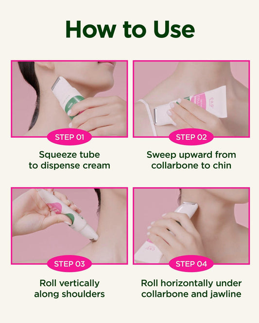 How to use gua sha neck cream: dispense cream and sweep from collarbone