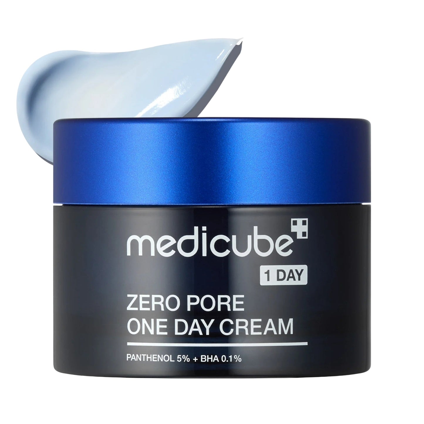 Medicube skincare cream jar with blue lid and black label, “Zero Pore One-Day Cream”
