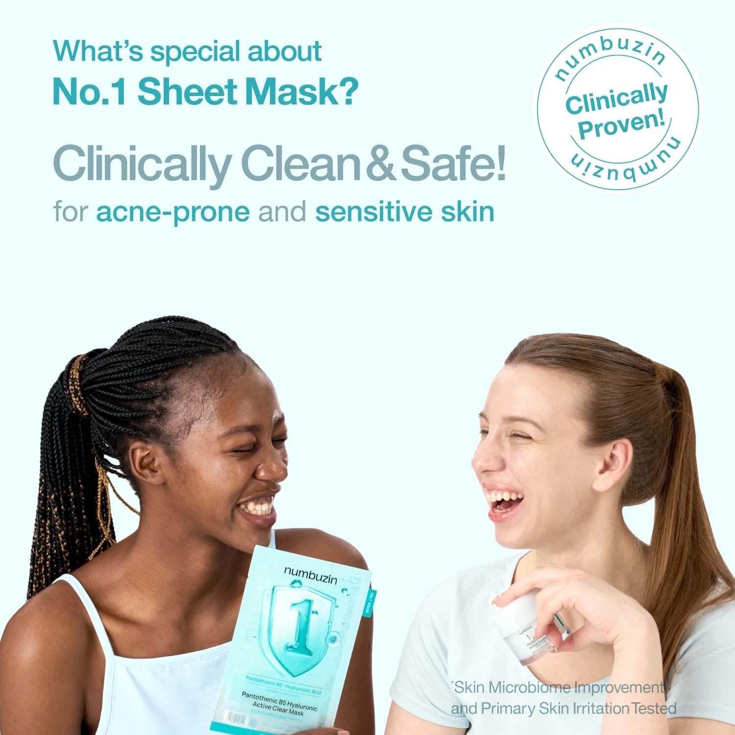 Two people smiling while holding numbuzin No.1 sheet mask packaging