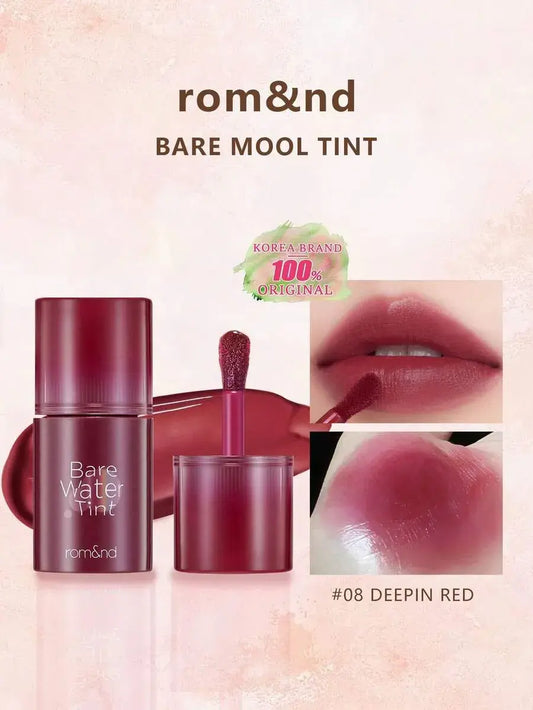 Romand Bare Water Tint set with deep red bottle, lip swatch, and applicator