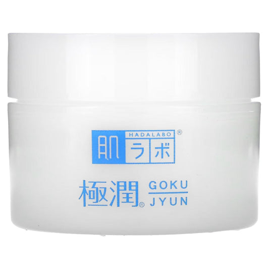 Hydrating cream jar with blue-and-white label, screw-top lid