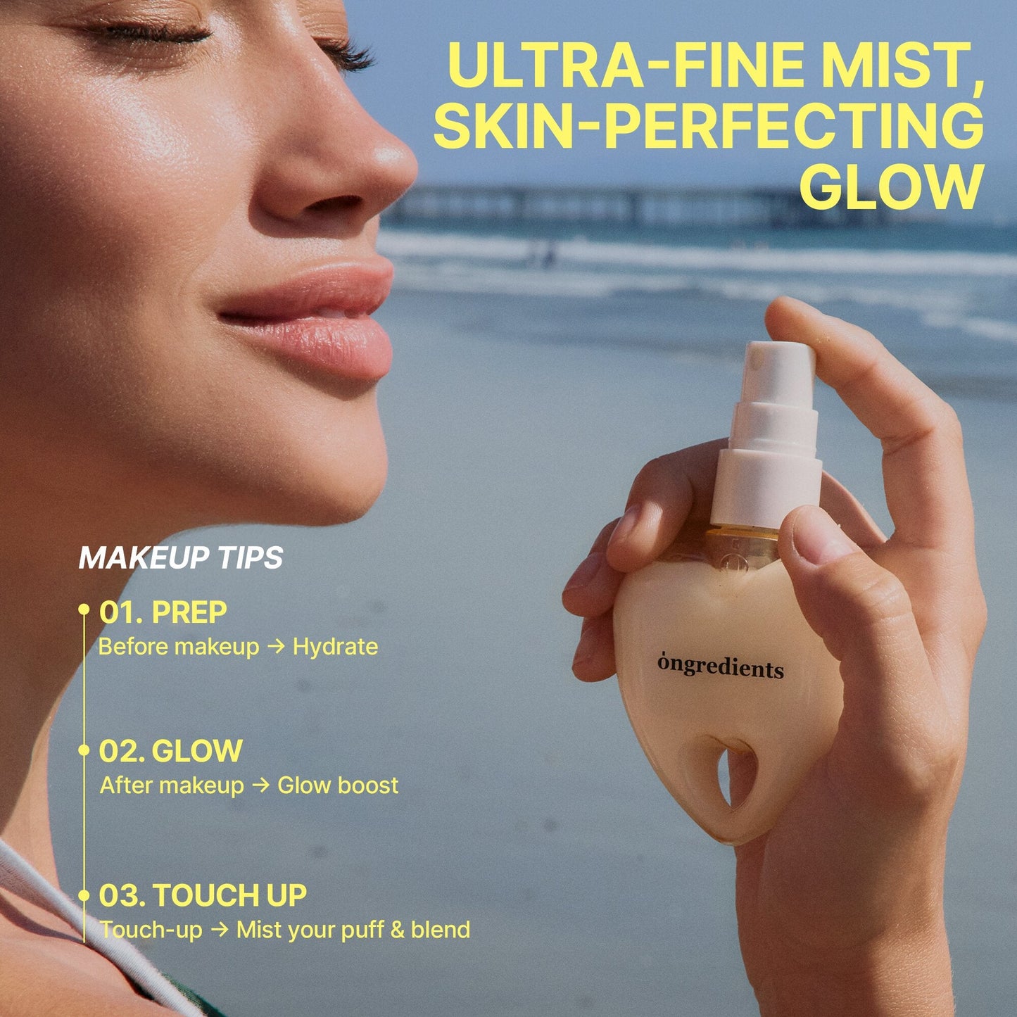 Woman holding a heart-shaped glow mist bottle near face, white spray pump visible