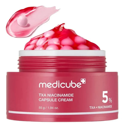 Medicube TXA niacinamide capsule cream jar, red 5% formula with open pink top