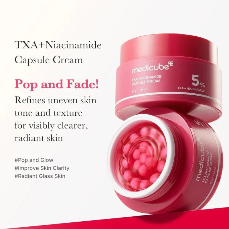 Medicube 5% TXA niacinamide capsule cream jar with capsule gel and pink beads