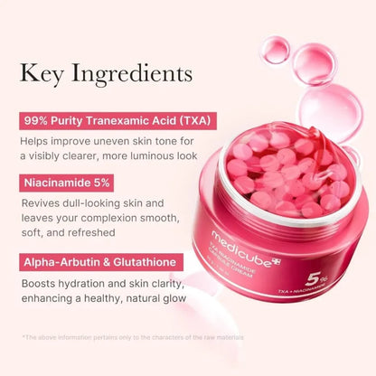 Medicube capsule cream jar with pink beads, showing key ingredient callouts