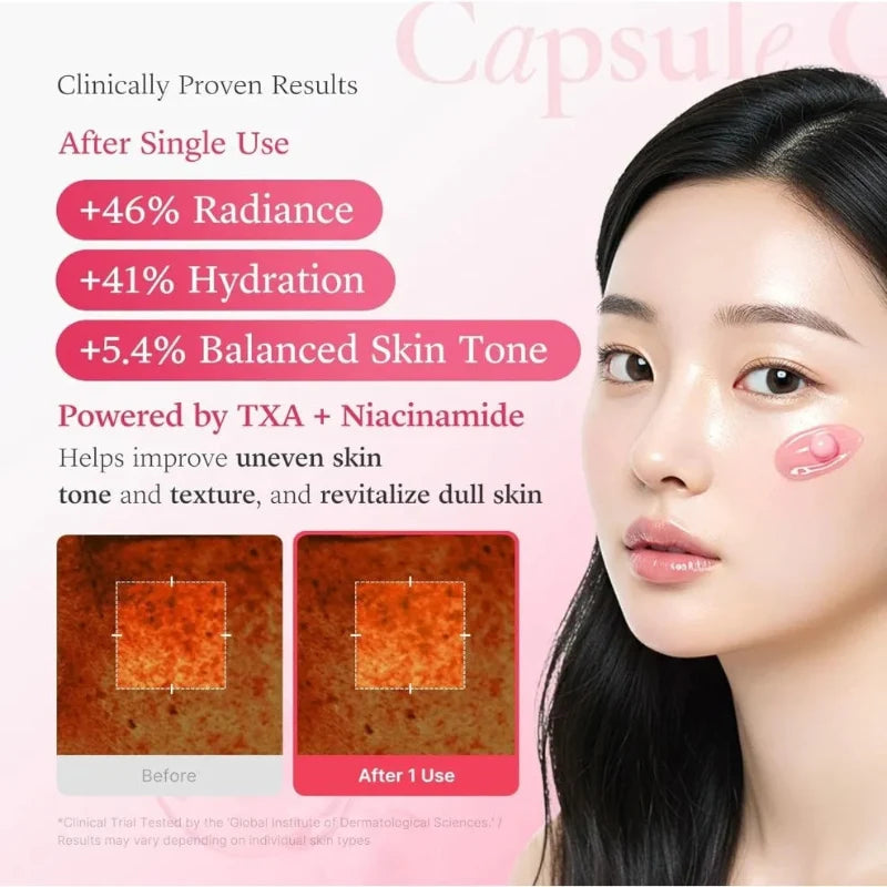 Skincare capsule cream concept with woman face and pink gel capsule icons