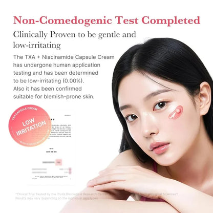 Woman applying pink capsule cream gel, with low-irritation test badge