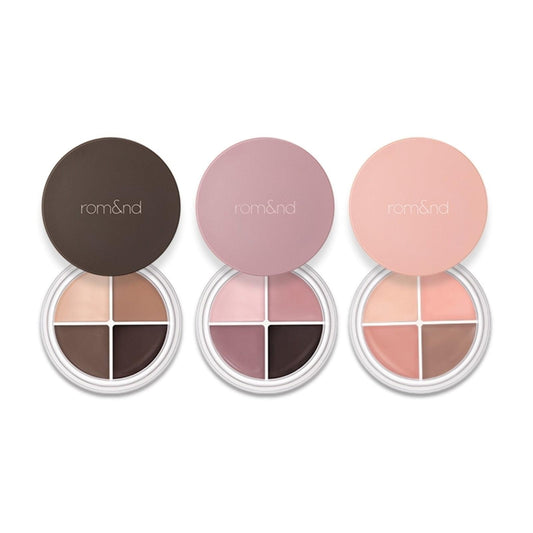 Round eye pot liner compacts with lids and four-pan shades in brown and rose tones