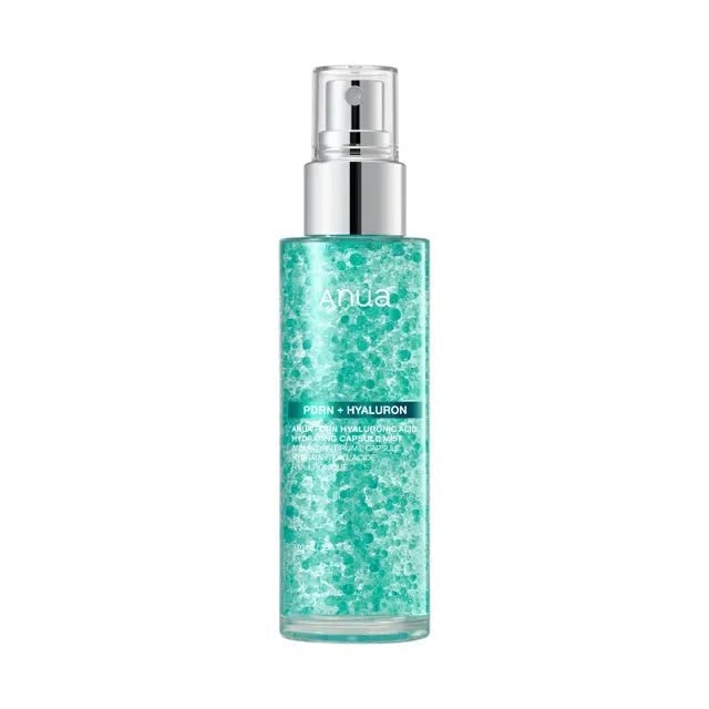 Anua hyaluronic acid hydrating mist bottle with silver pump and teal aqua gel look
