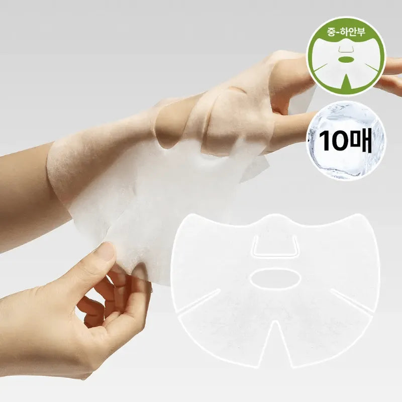 Translucent face mask sheet with eye and mouth cutouts, being applied