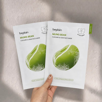 Two beplain Mung Bean cooling face mask sachets, sealed packets