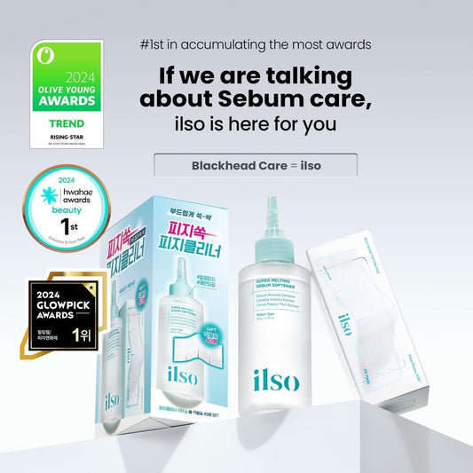 Sebum care skincare kit with boxed products, serum bottle, and cotton patch packs